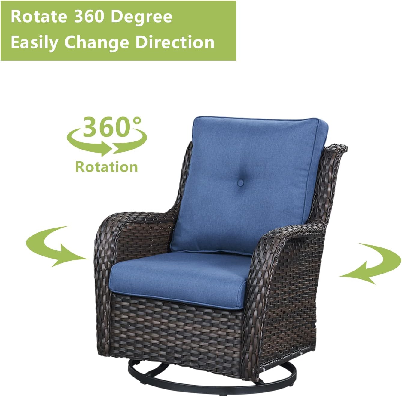 Outdoor Patio Swivel Rocker Chairs - Wicker Rattan Patio Swivel Rocking Chairs Set of 2 with High Back,Deep Seating and Comfort Cushions for Deck Porch Garden,Brown/Blue