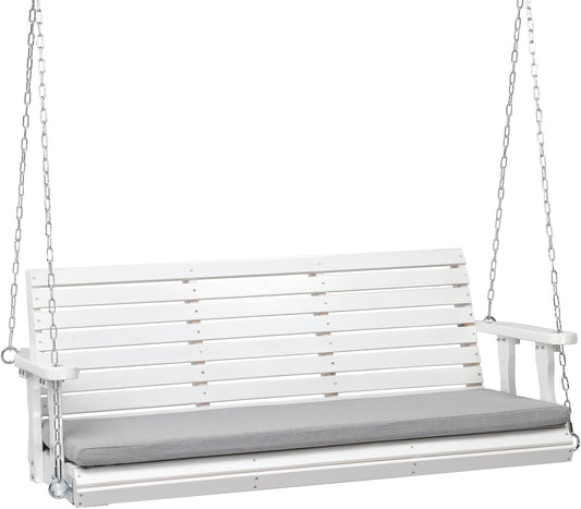 VINGLI Heavy Duty 880 LBS Patio Wooden Porch Swing Outdoor with Extra Cushion, Farmhouse Hanging Bench Tree Swing with Adjustable Chains for Yard | Garden | Lawn | Balcony (5 FT, White)