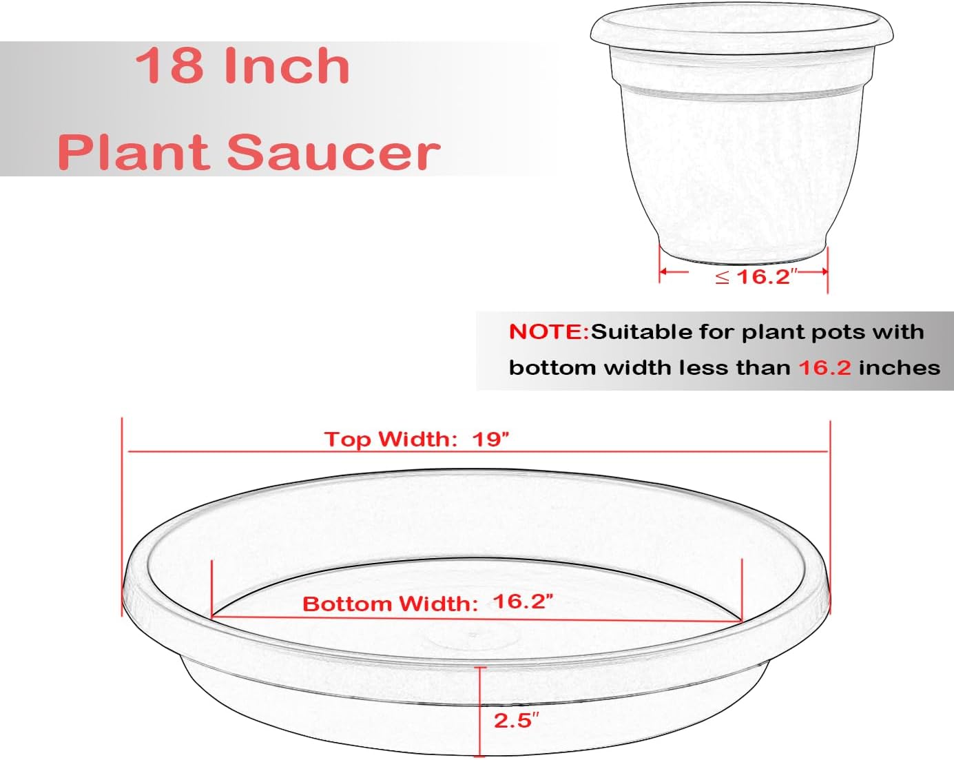 2 Pack Large Plant Saucer 18 Inch, Extra-Large Deep Plant Trays for Pots, Plant Drip Trays, Plant Water Catcher Tray for Plants, Plastic Plant Saucers for Indoors no Holes