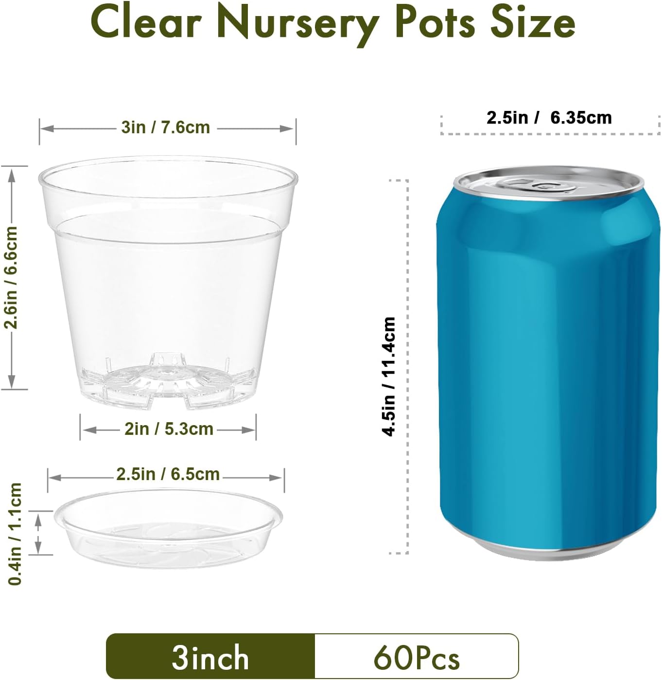 3 Inch Clear Nursery Pots, 60 Pack Highly Transparent Plastic Seedling Starter Planters with Drainage Holes and Trays for Flowers, Small Plant Pots for Indoor Plants