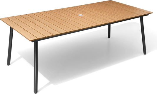 Outdoor Dining Table for 6-8, 82.7 inch Patio Dining Table with Wooden-Like Top and Aluminum Frame, Rectangular Table with Umbrella Hole Outdoor Furniture, Brown