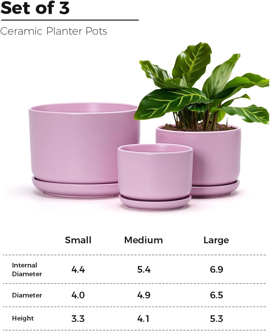 Ton Sin Plant Pots, 4.1+5.1+6.5 inch, Set of 3, Ceramic Planters with Drainage Hole and Saucer, Indoor Flower Pot with Hole Mesh Pad, Gifts for Mom(Matte Pink)