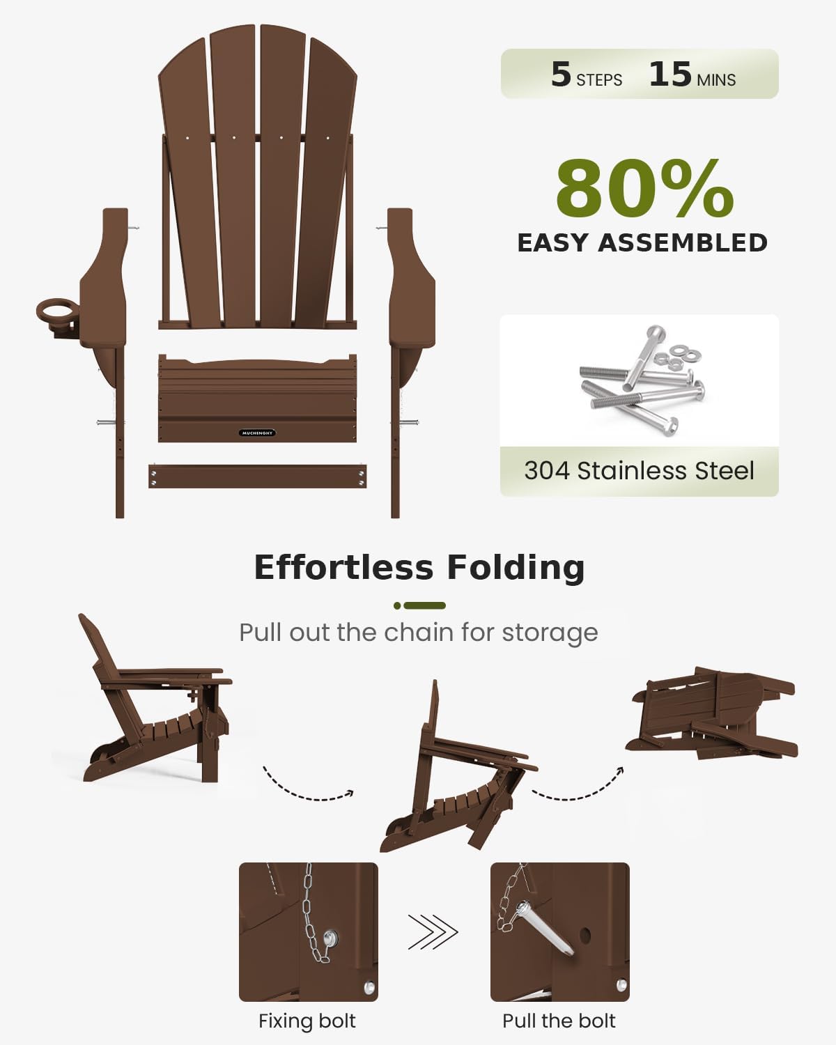 MUCHENGHY Folding Adirondack Chairs, Patio Chairs, Lawn Chairs, Outdoor Chair, Adirondack Chair Plastic, Fire Pit, Weather Resistant with Cup Holder for Deck, Backyard, Garden(Brown)