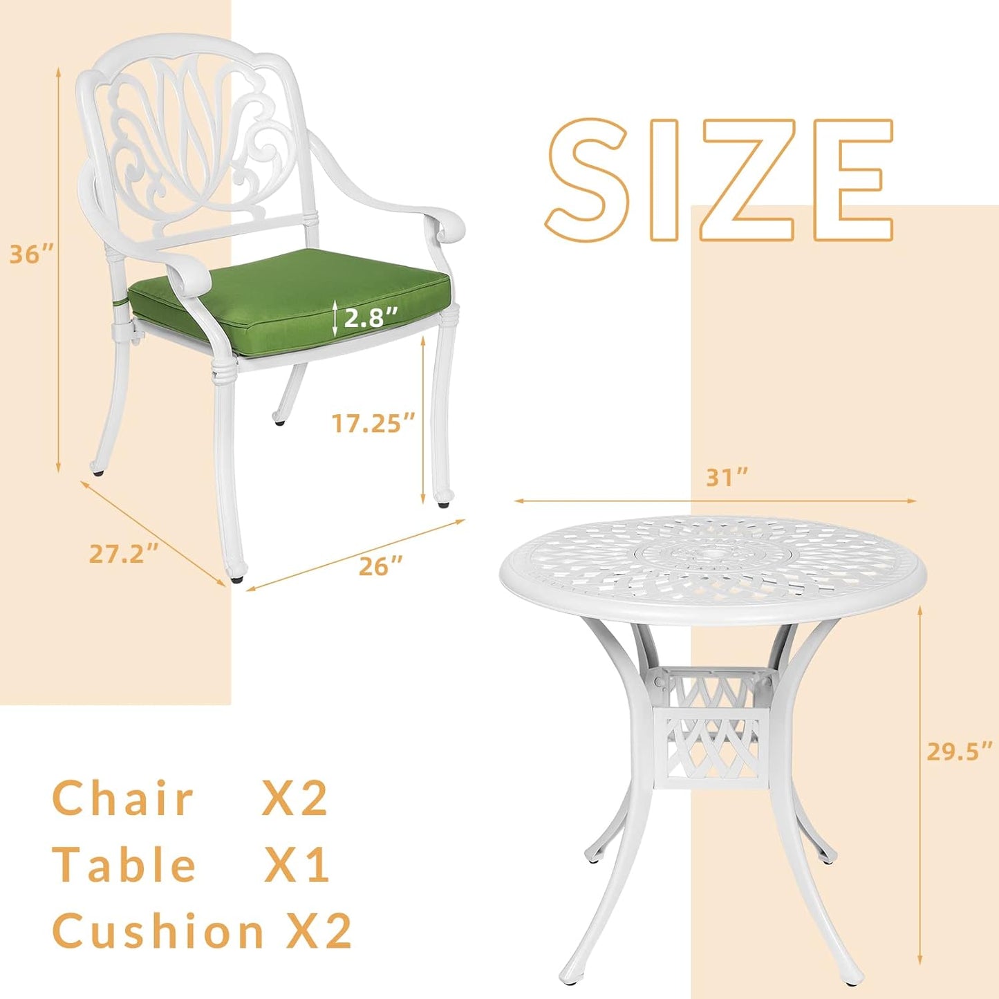 3-Piece Outdoor Patio Dining Set, All-Weather Cast Aluminum Patio Furniture Set for Backyard Garden Deck with 2 Cushioned Chairs and 31” Round Table, 2" Umbrella Hole, White