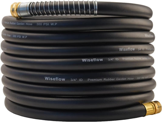 WiseFlow Garden Hose 25FT x 3/4", Heavy Duty Rubber Hose, 1000PSI Burst, 300PSI Working, Water Hose with Five Layered Braiding, Male Female Fittings (Black)