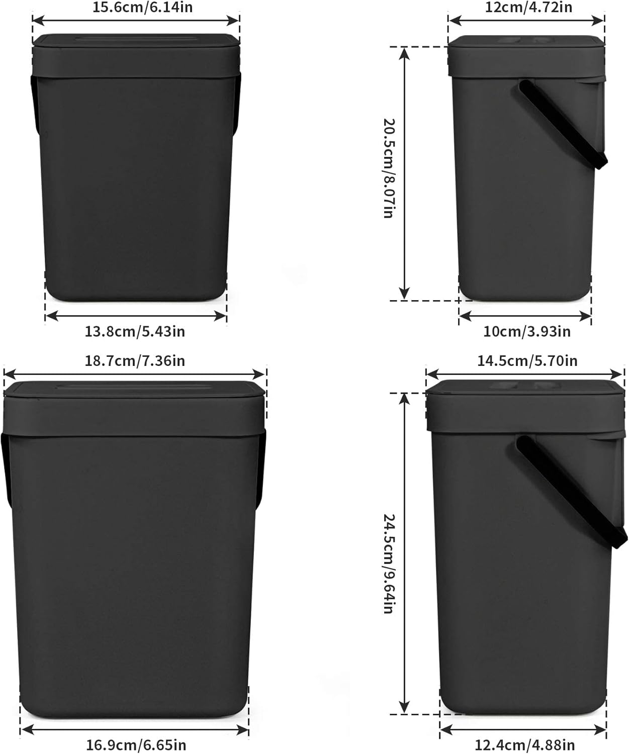 Domiella 2 Pack 1.3 + 0.8Gal Hanging Small Trash Can with Lid, Kitchen Compost Bin for Counter Top Under Sink, Sealed Food Waste Bin, Mountable Indoor Compost Bucket for Cupboard/Bathroom (Black)