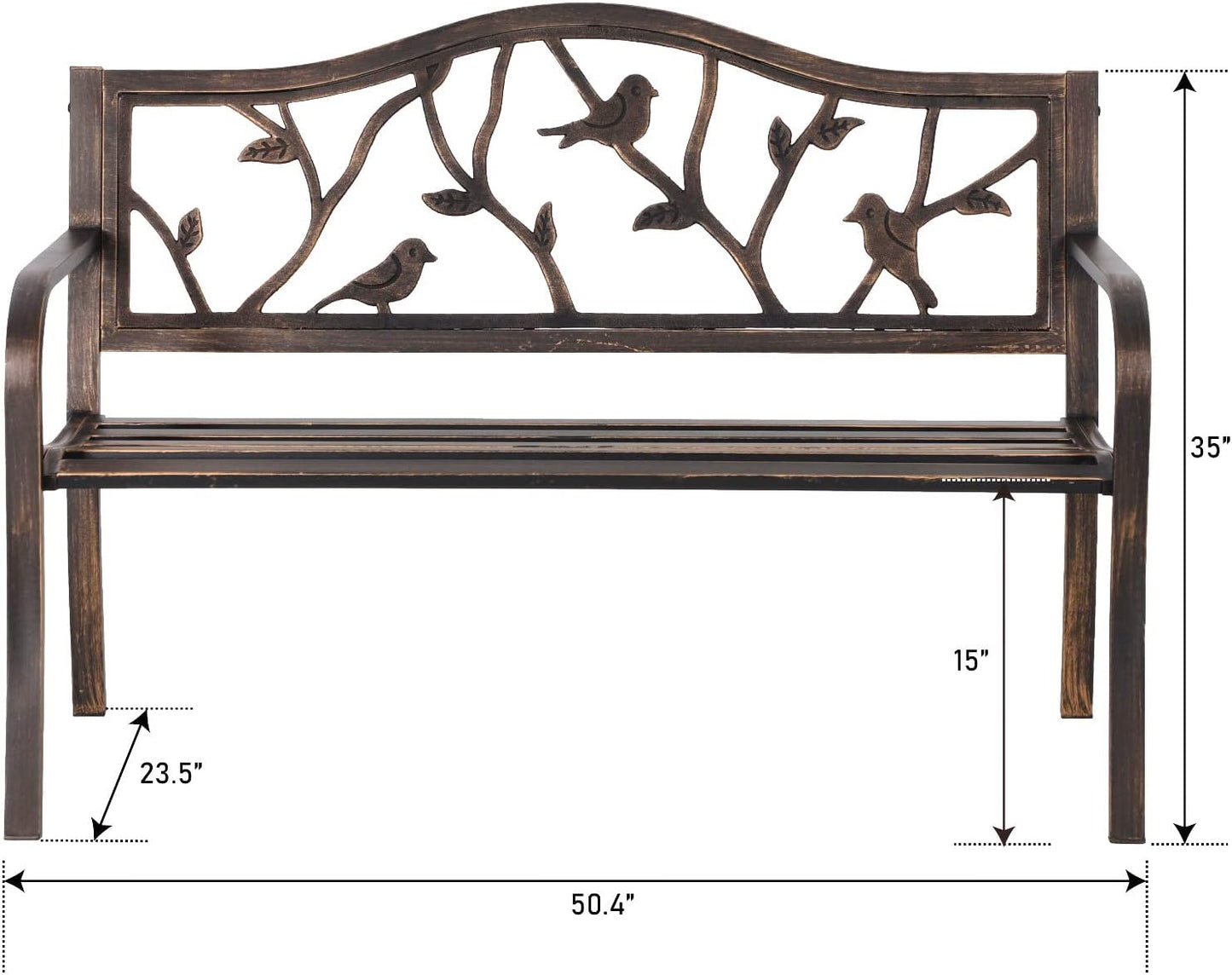 MFSTUDIO 50" Outdoor Garden Bench, Patio Metal Frame Park Bench with Bird Pattern Backrest for Porch, Lawn, Deck(Bronze)