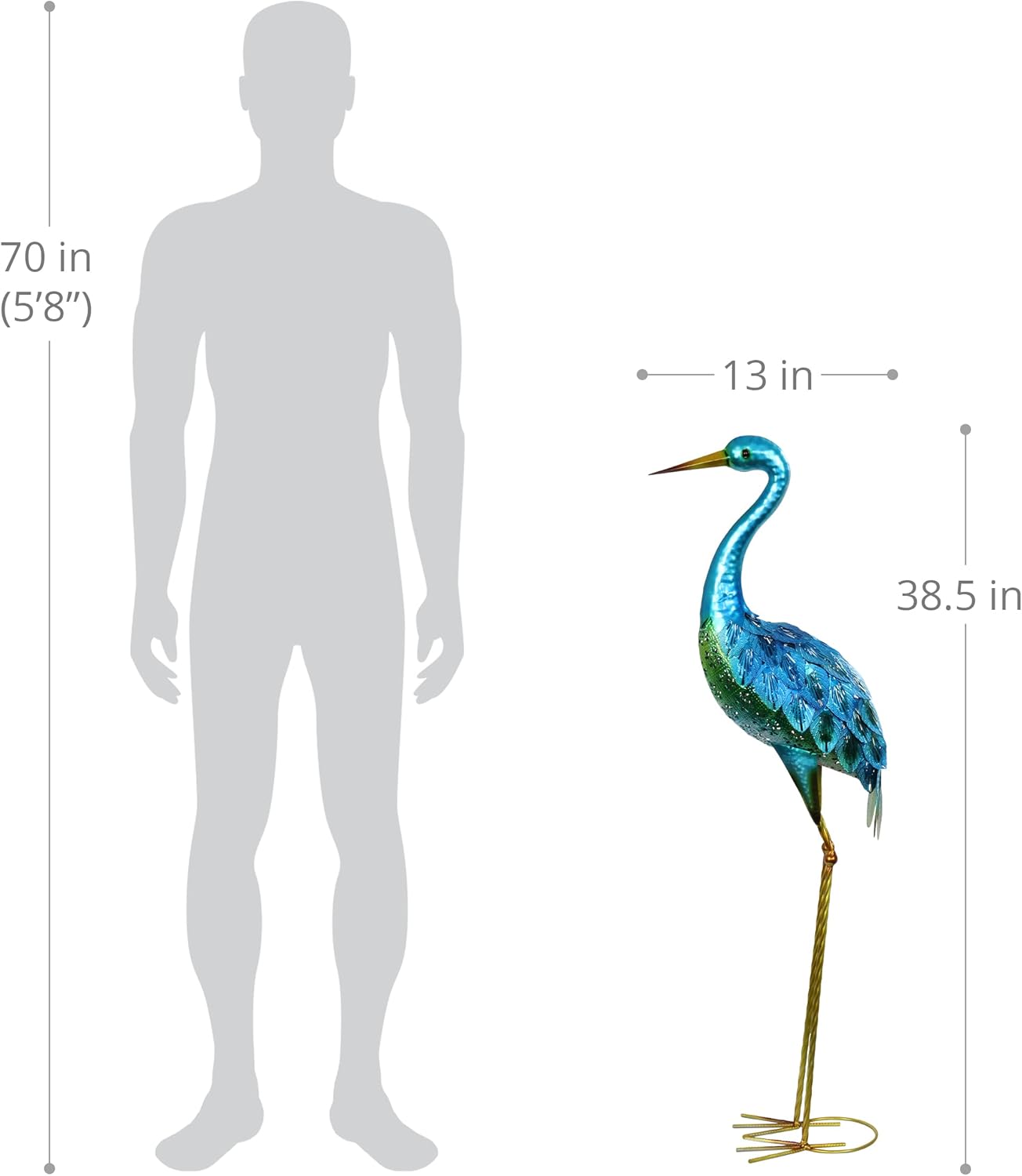 Exhart Garden Sculpture, Blue Coastal Crane Garden Statue, Outdoor Garden Decoration with Stamped Metal Details, 13 x 7 x 38.5 Inch