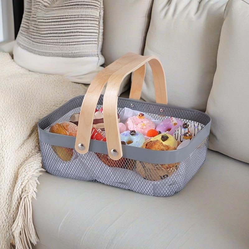 Metal Mesh Steel Basket, Storage Organizer Basket Garden Harvest Basket Multi-functional Kitchen Fruit Baskets Bin with Wooden Handle for Bathroom Picnic Shopping Decor Cabinet Home, Grey