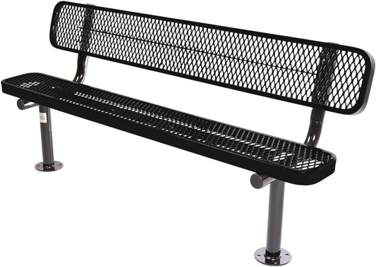 Coated Outdoor Furniture Heavy-Duty Outdoor Bench Thermoplastic Coated, Expanded Metal, Commercial-Grade Seating, Made in America (Surface with Back, 6 Ft, Textured Black)