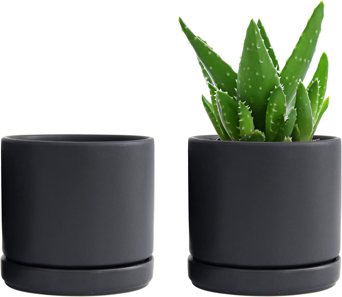 D'vine Dev Set of 2 Plants Pot, 4.6 Inch Ceramic Planter Pot for Plants with Drainage Hole and Saucer, Black, 94-V-B-2