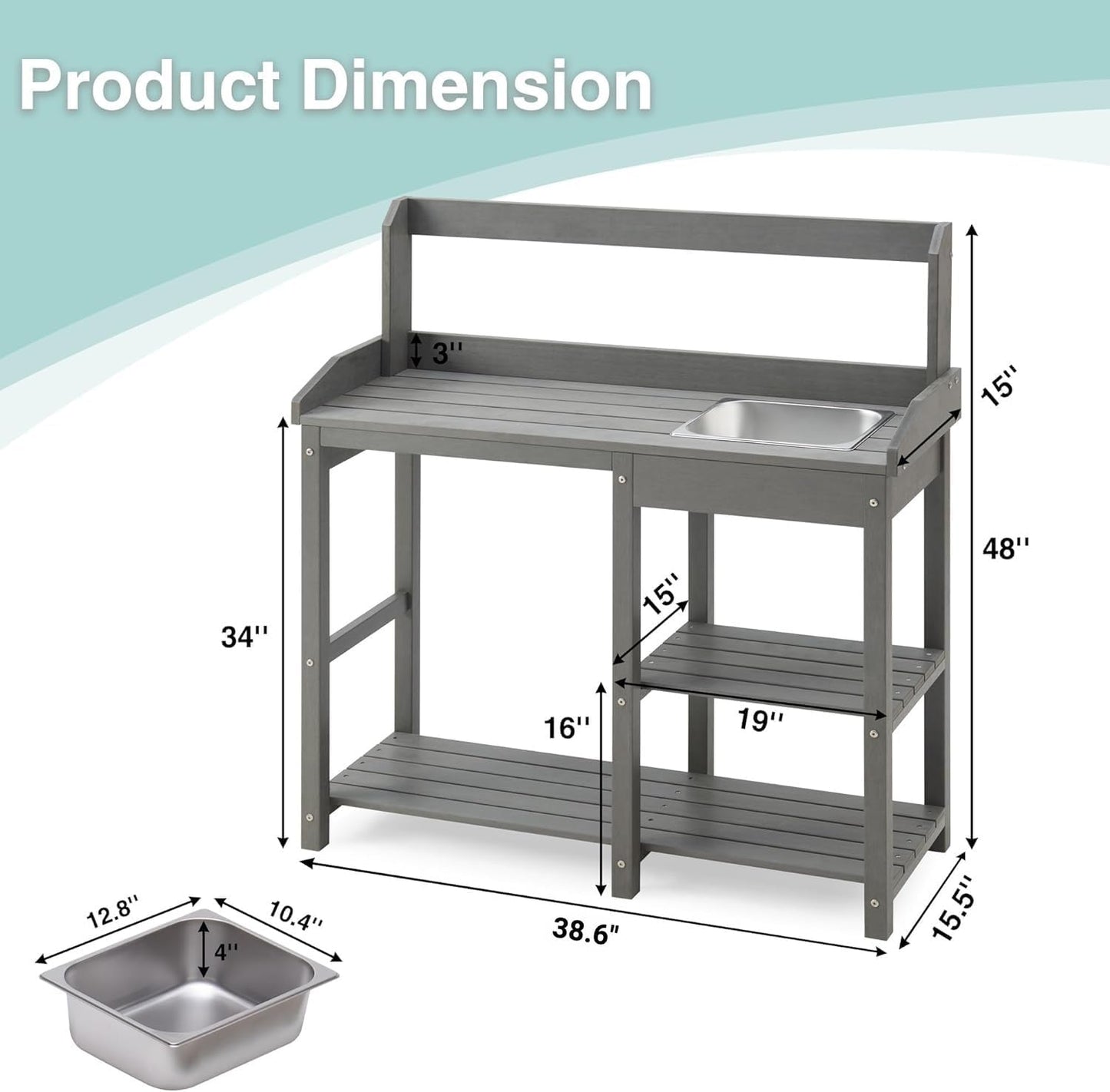 Psilvam Outdoor Potting Bench with Sink for All-Weather Gardens, HDPE Potting Benches for Outside, Planting Table for Garden, Patio and Lawn (Grey)
