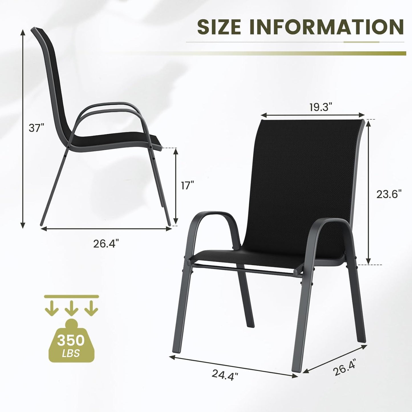 UDPATIO Patio Chairs Set of 4, Stackable Outdoor Dining Chairs with High Back, Breathable Textilene Fabric Outdoor Chair All Weather, 350LBS Capacity for Garden, Backyard (Black)