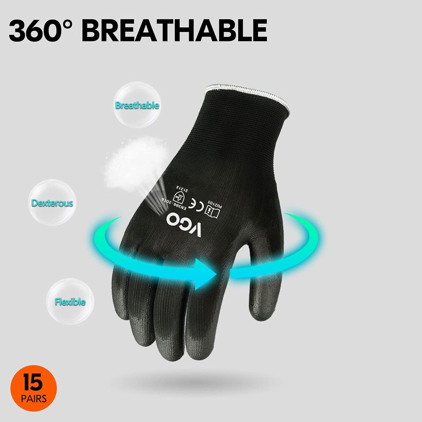 Vgo... 15-Pairs Safety Work Gloves, Gardening Gloves, Polyurethane Coated, Dipping Gloves, Latex Free (Size L, Black, PU2103)