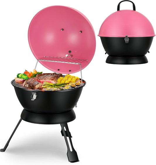 14inch Portable Charcoal Grill with Warming Rack, Small bbq Charcoal Grill Tabletop Foldable Grills for Backyard, Camping, Pink