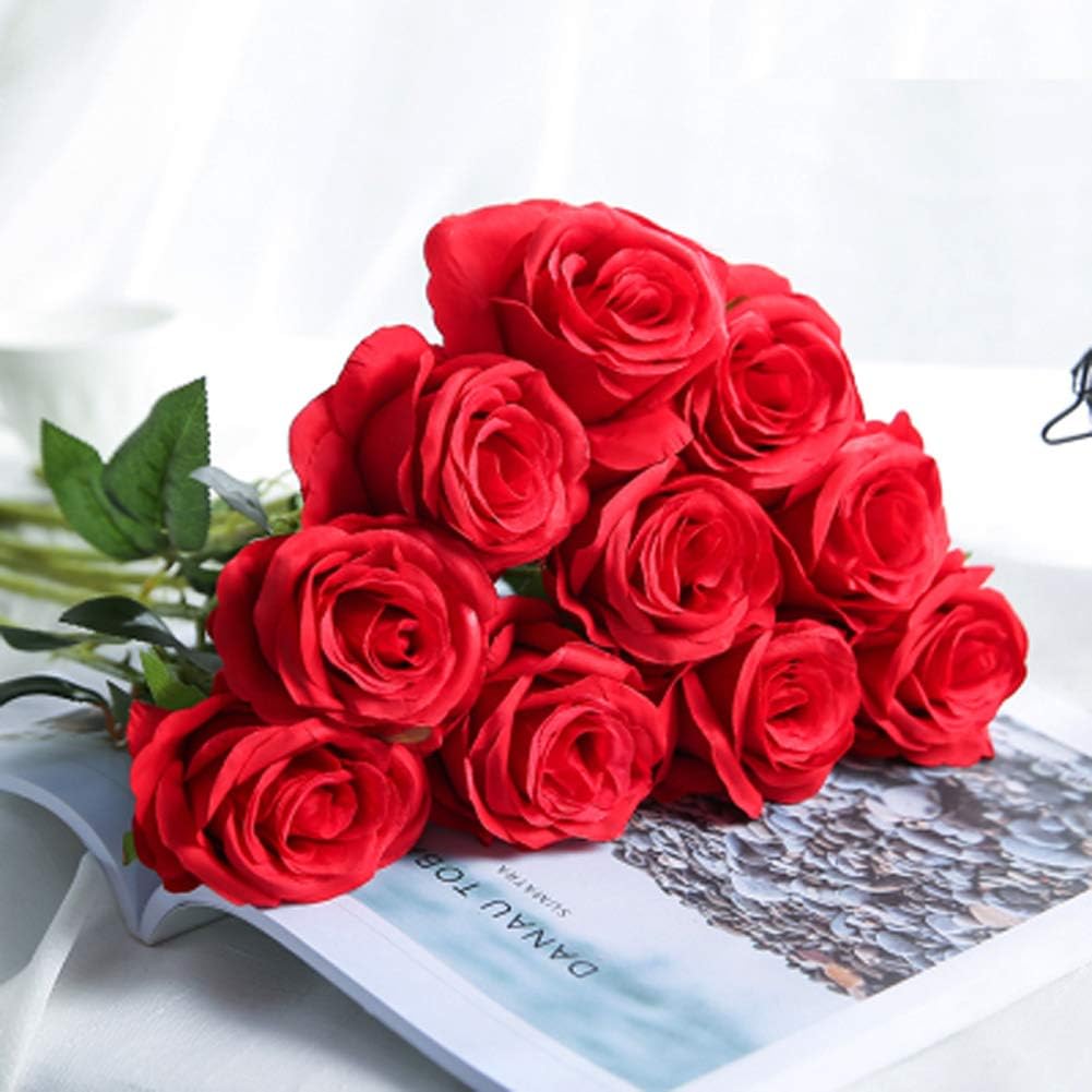 AMZALI Artificial Flowers, Real Looking Blush Fake Rose Long Stem Silk Artificial Rose Flowers Home Decor for Bridal Wedding Bouquet, Centerpieces Birthday Flowers Party Garden Floral Arrangement Red