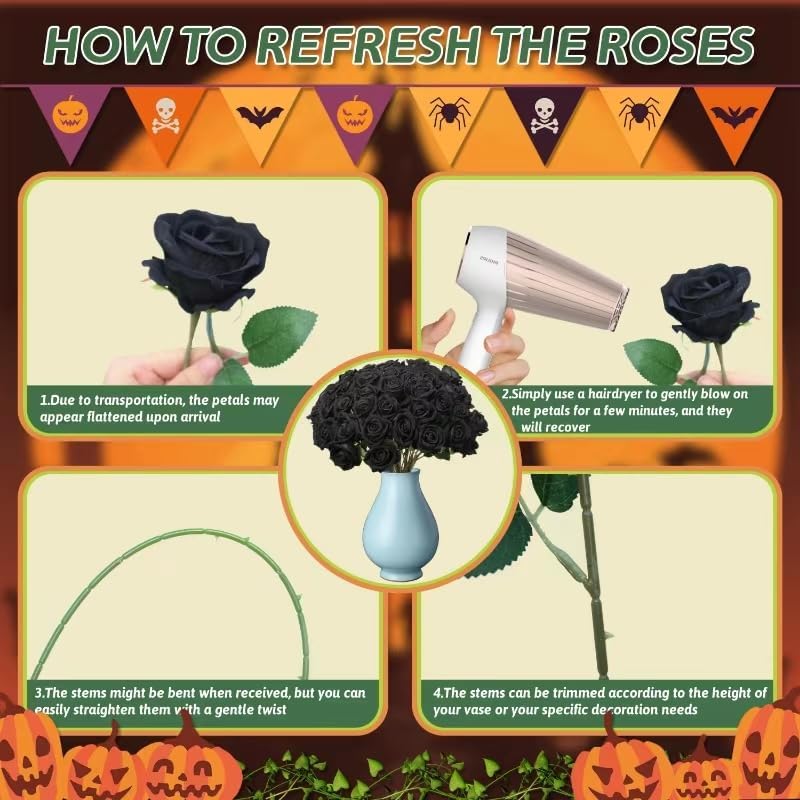 30 PCS Fake Black Roses, Artificial Flowers Bulk Halloween Decorations Realistic Silk Faux Roses with Stems for Gothic Wedding Party Decor, Bridal Bouquets DIY Floral Arrangement Home Decor