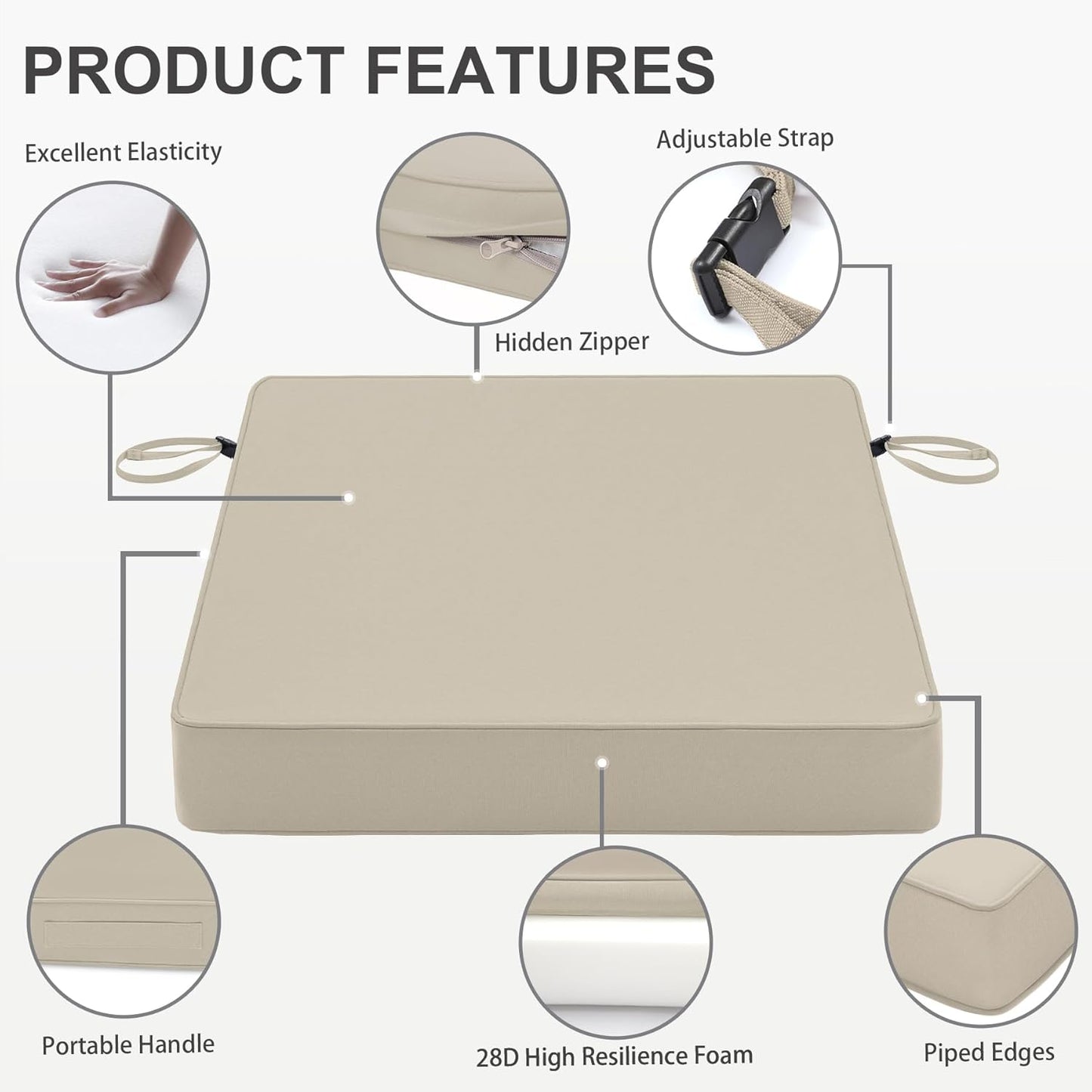 Favoyard Patio Chair Cushions 19 x 19 x 3 Inch Waterproof Outdoor Seat Cushions for Patio Furniture 3-Year Color Fastness Garden Sofa Couch Chair Pads with Handle & Adjustable Straps Set of 2, Beige