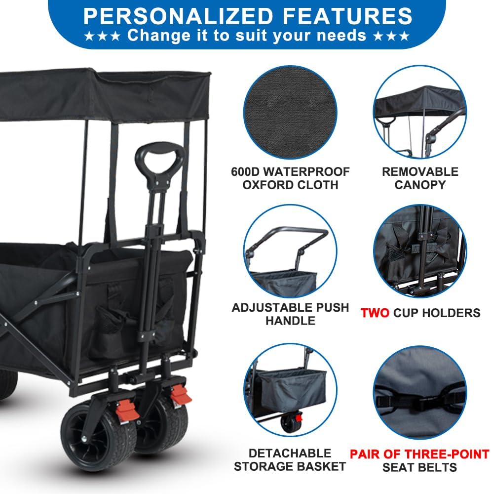 SKYMANOR Collapsible Wagon with Removable Canopy, 3-in-1 Heavy Duty Garden Cart with Big All-Terrain Wheels, Brakes, Adjustable Push Pull Handle, Cooler Bag, 300LBS Wagon Cart for Camping (Black)