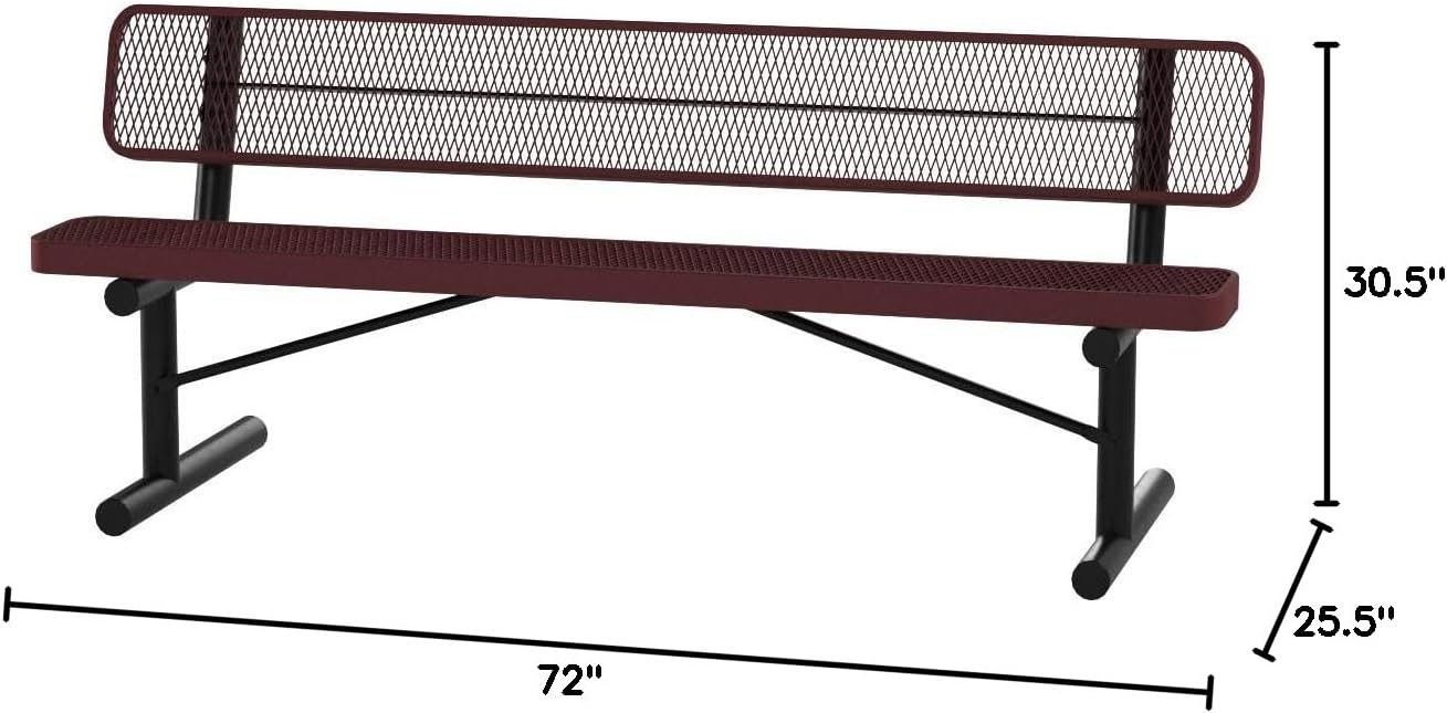 Coated Outdoor Furniture Heavy-Duty Portable Outdoor Bench Thermoplastic Coated, Expanded Metal, Commercial-Grade Seating, Made in America (Portable with Back, 6 Ft, Burgundy)