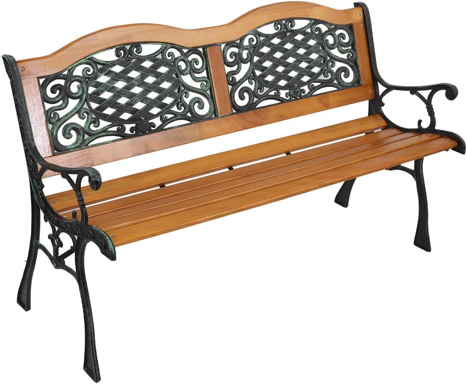VINGLI Outdoor Bench Metal Garden Bench Front Porch Bench, Wood Patio Bench w/PVC Backrest Cast Iron Love Seat Park Benches (Arched Back)