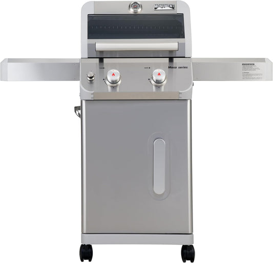 Monument Grills 2-Burner Stainless Steel Liquid Propane Gas Grill, Two Foldable Shelves Patio Garden Barbecue Grill with Clearview® Lid, Knob Control Mesa200S