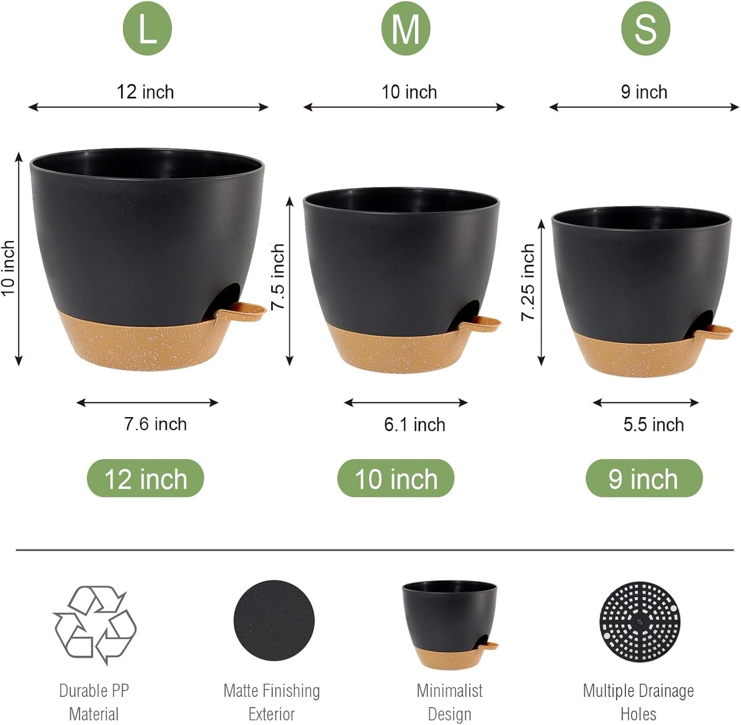 Large Self Watering Pots, 12/10/9 Plastic Planters with High Drainage Holes and Deep Reservoir for Indoor Outdoor Garden Plants and Flowers, Black with Brown