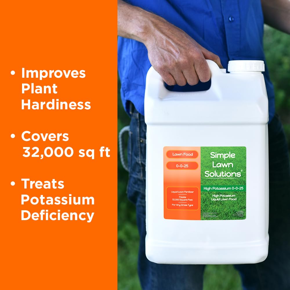 Simple Lawn Solutions - High Potassium Lawn Food Liquid Fertilizer 0-0-25 - Concentrated Spray - Turf Grass Vigor and Plant Hardiness - Summer and Fall - Any Grass Type (2.5 Gallon)