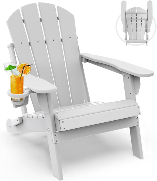 GREENVINES Folding-Adirondack-Chair | HDPE Plastic | Fire Pit Chairs | All Weather | Cup Holder | White | for Deck Backyard Patio Outdoor Garden