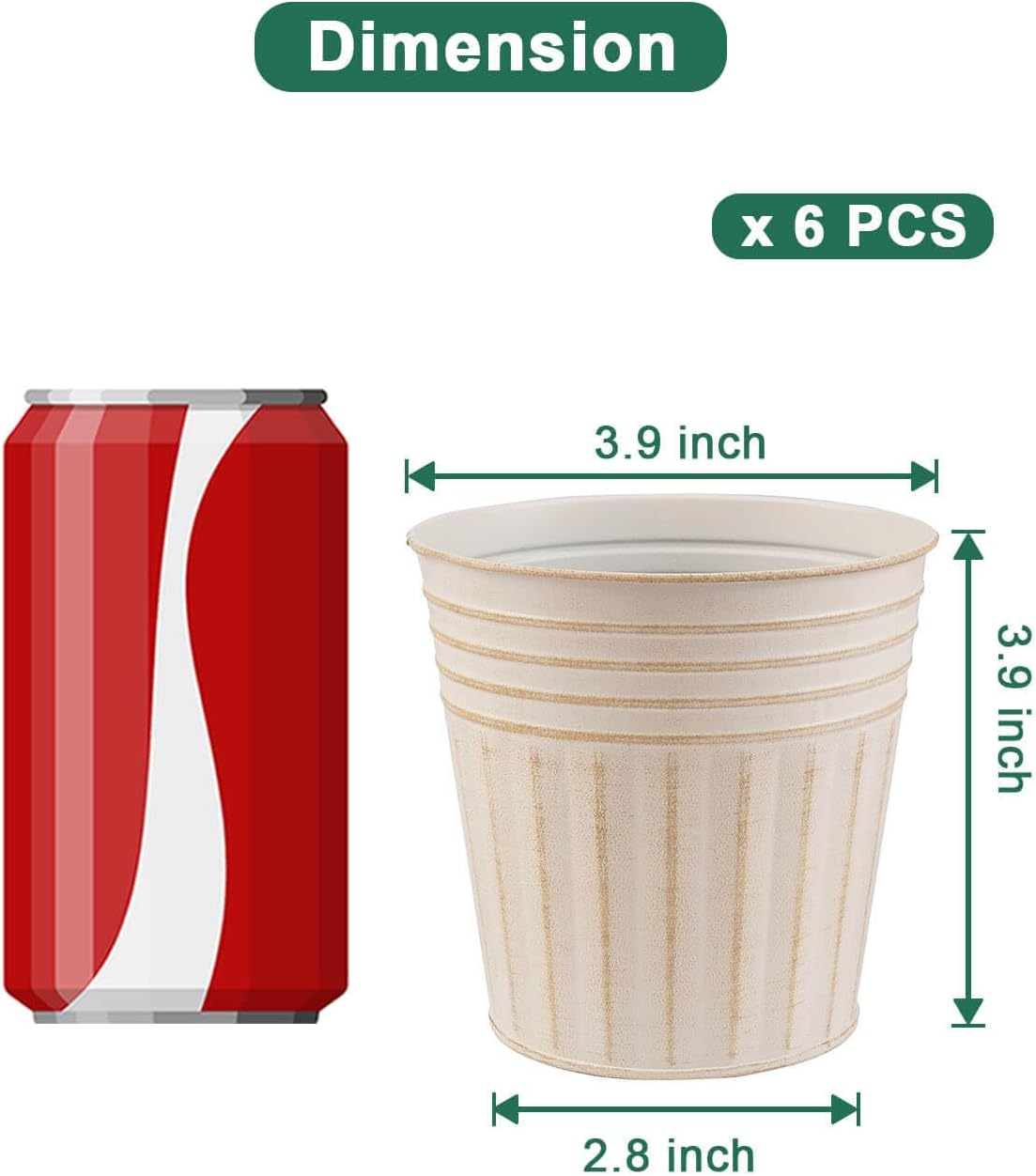 vensovo 4 Inch Beige Metal Rustic Flower Pots - 6Pcs Small Galvanized Planters with Drainage Hole and Rubber Plug, Rustproof Metal Bucket Plant Pots Farmhouse Vintage Style for Decor