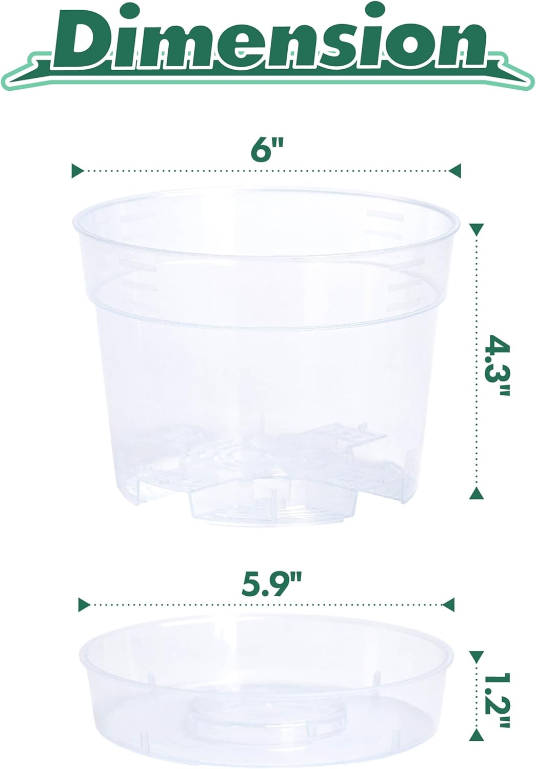 6 Inch Clear Plastic Plant Pot with Drainage Holes, Interlocking & Detachable Tray - Deep Saucer - Durable BPA-Free Plastic, Transparent Design, Raised Base for Airflow, Set of 12, 92-X-B-4