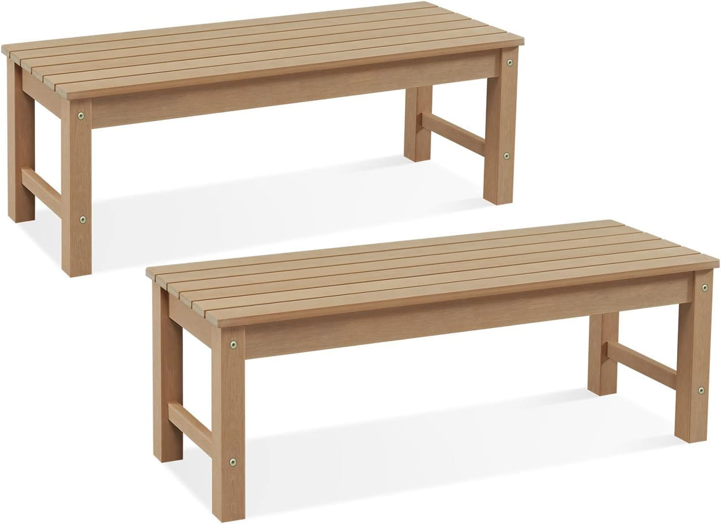 Psilvam Outdoor Bench, Two Person Poly Lumber Porch Bench, Weatherproof Garden Bench That Never Rot and Fade, All-Weather Patio Bench Suit for Garden, Porch, and Park (2pcs, Teak Color)