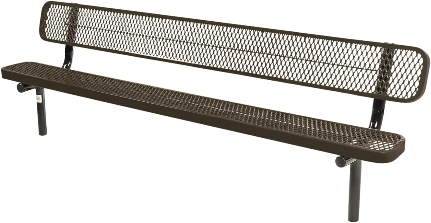 Coated Outdoor Furniture Heavy-Duty Outdoor Bench Thermoplastic Coated, Expanded Metal, Commercial-Grade Seating, Made in America (Inground with Back, 8 Ft, Textured Brown)