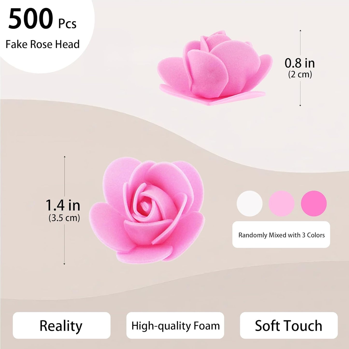 500 Pcs 1.4 Inch Mini Artificial Flowers Head Bulk 5 in 1 Set Faux Foam Fake Small Rose Tiny Baby Flores Bouquet Cake Gift Home Decoration DIY Craft (Pink, Light Pink, White Mixed)