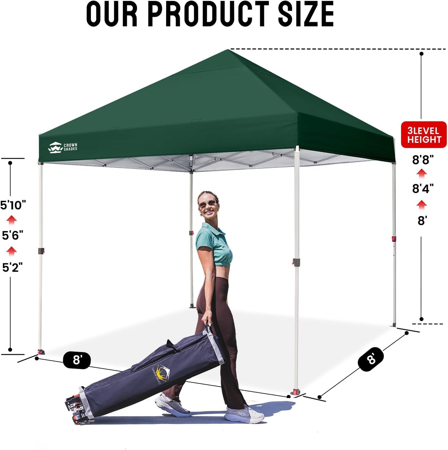 CROWN SHADES 8x8 Pop Up Canopy - Beach Tent with One Push Setup - Easy Outdoor Sun Shade for Events, Parties, Camping - Gazebo with STO-N-Go Cover Bag, Silver Coated Top, Forest Green