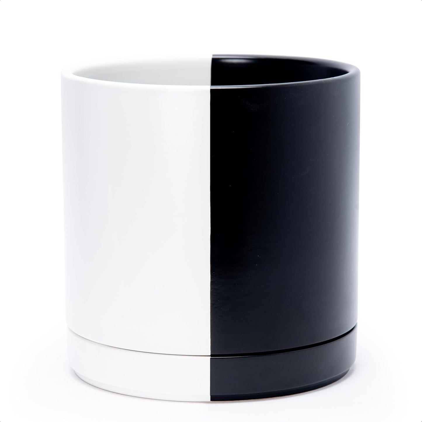 D'vine Dev 10 Inch Ceramic Planter Pot with Drainage Hole and Saucer, Indoor Cylinder Round Planter Pot, Split Monochrome Black & White, 94-O-E-0