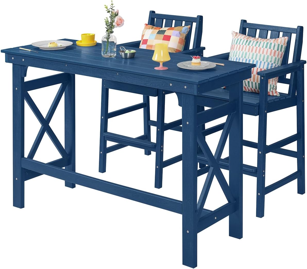 3 Pieces HDPE Outdoor Patio Bar Set, Rectangular Outdoor Bar Height Table and Chairs Set, Adirondack Patio Bar Stools Set, Outdoor Bar Table and Chairs Set for Balcony, Poolside, Porch, Navy