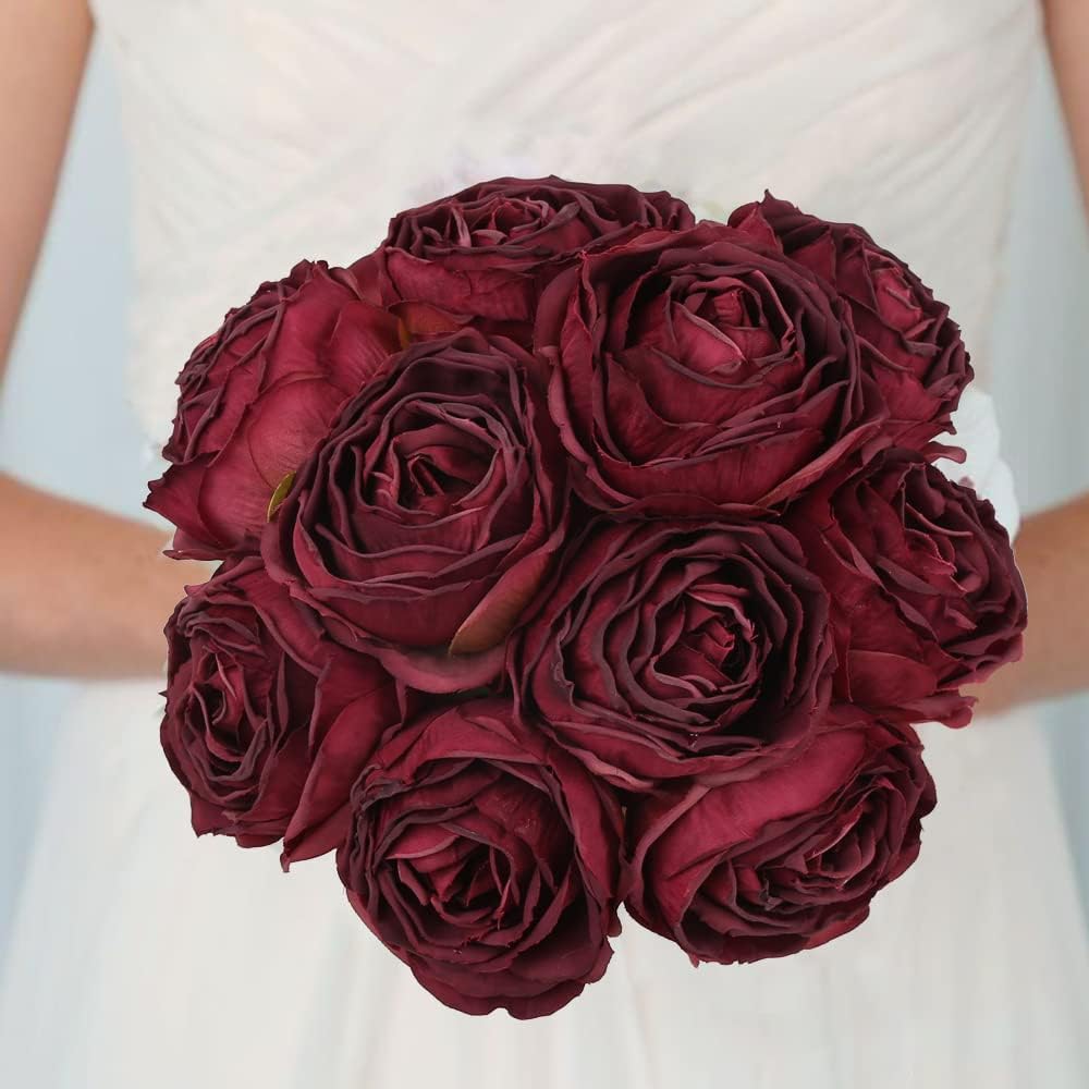 IPOPU Burgundy Flowers Artificial Rose Heads 25pcs Silk Flower Heads Bulk Dried Burgundy Silk Flowers for Artificial Bouquet Wedding Fake Flower Heads for Flower Wall Decor Bridal Shower (Burgundy)