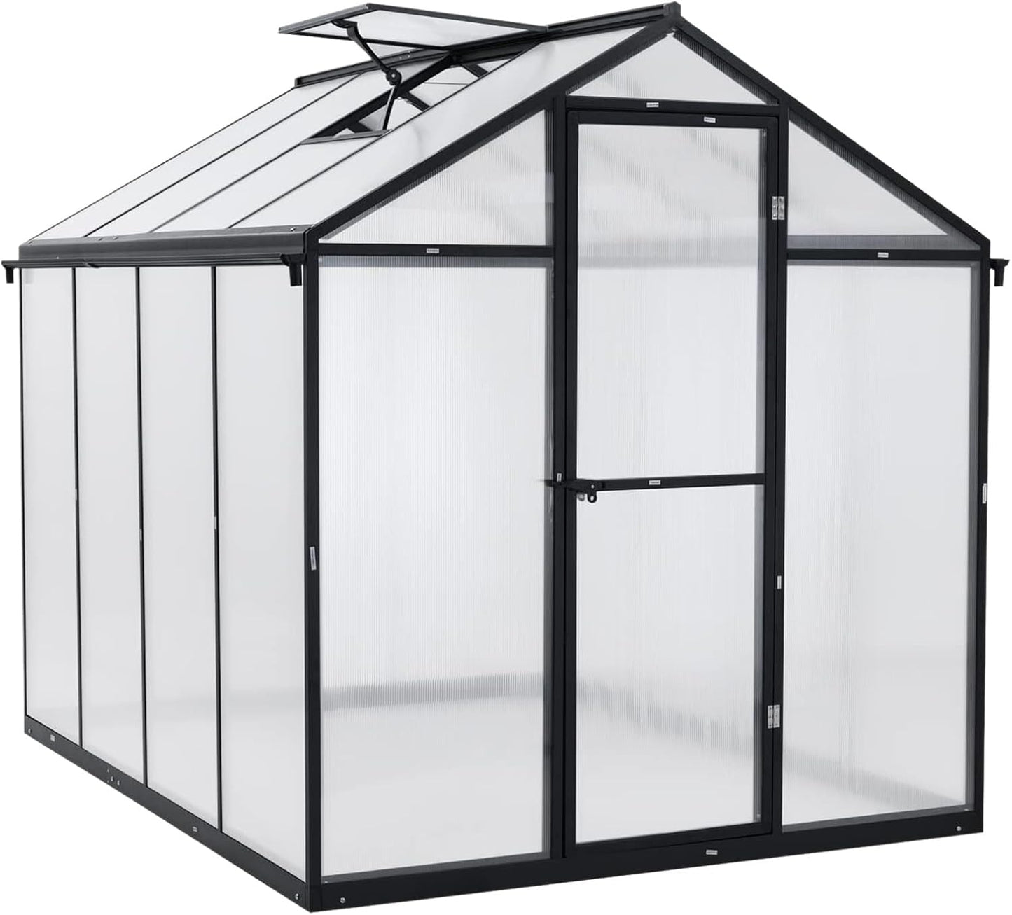 Aoodor 6 x 8 Ft Walk-in Greenhouse with Gutter, Polycarbonate and Heavy-Duty Aluminum Frame, Adjustment Skylight and Lockable 2-Sided Door for Patio, Outdoor, Yard, Lawn Use, Black
