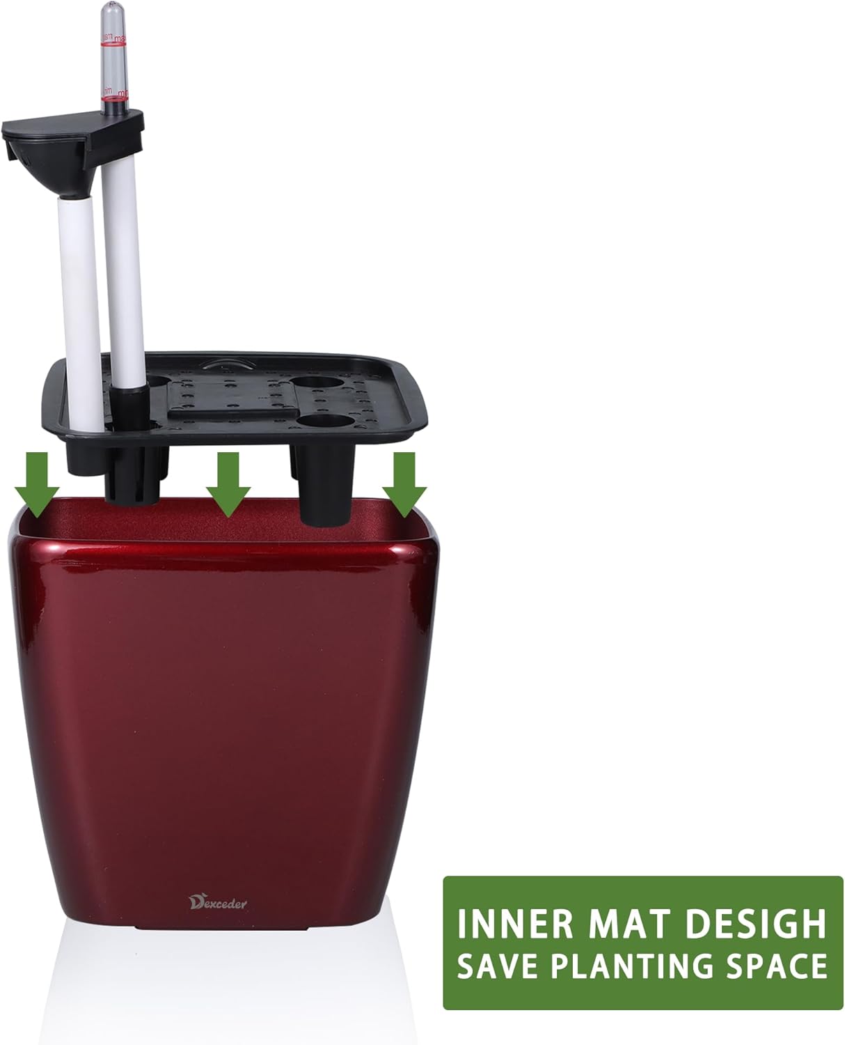 Dexceder 11x10 Self Watering Planter Indoor Outdoor, Inner Mat Design, Thickened Table Flower Plant Pot with Water Level Indicator (Red High Gloss)