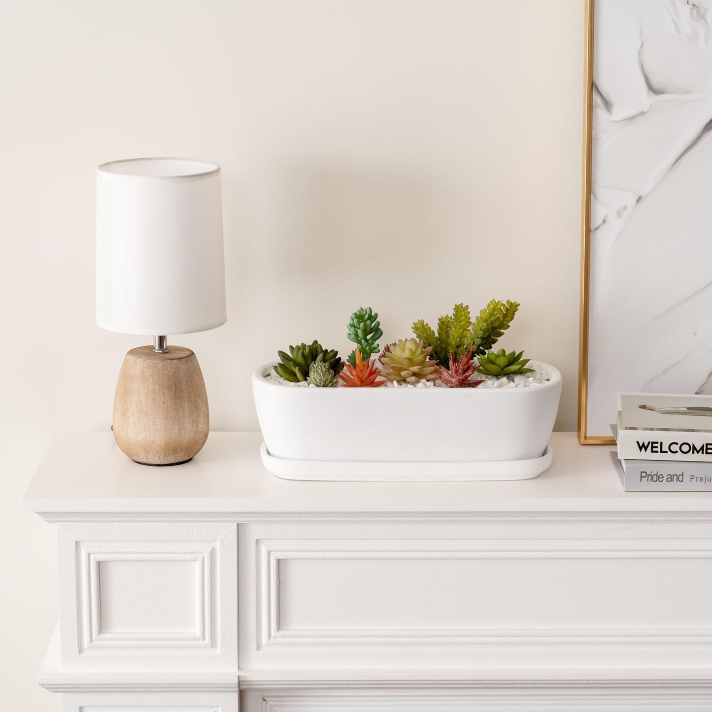 MyGift 14 Inch Oval Modern Matte White Ceramic Succulent Planter Pot with Drainage Hole and Removable Saucer, Decorative Indoor House Plant Container for Flowers, Cactus, Herbs