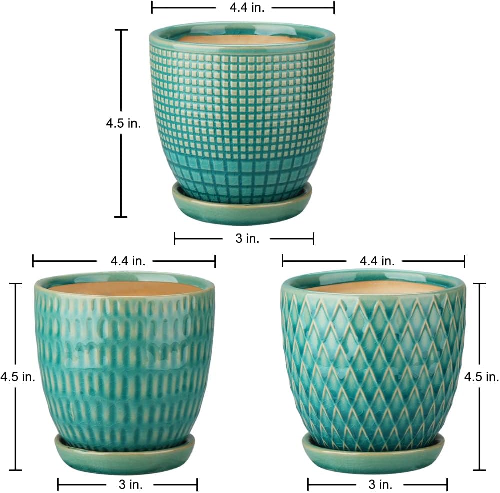 Oairse 4 inches Ceramic Planters Pots for Indoor Plants 3 Set of Small Round Flower Pots with Drainage Hole and Ceramic Tray Modern Planters Set for Succulents Cactus Garden Home Windowsill Table