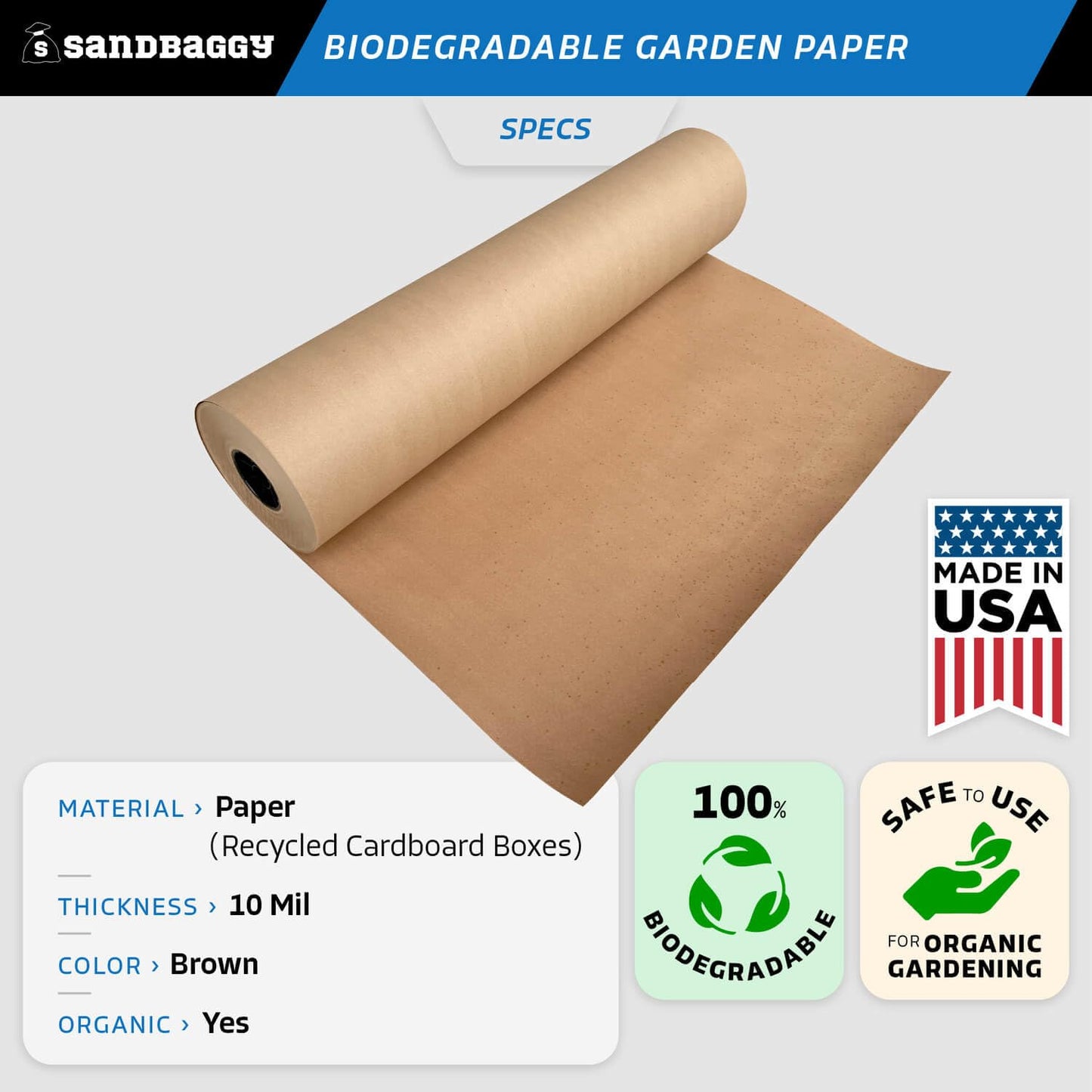 Sandbaggy Biodegradable Landscape Fabric - Garden Paper for Weeds - Paper Mulch Rolls (5 ft x 475 ft, 25)