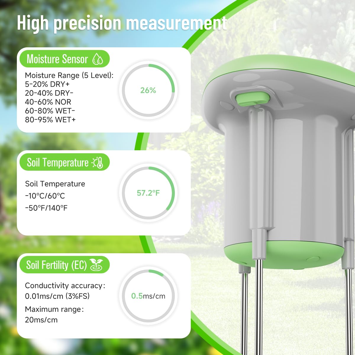 Smart 3-in-1 Soil Moisture/Temperature/Fertility Meter for Outdoor Plant, Soil Test Kit for Garden/Farming/Lawn, GreenVation Digital Soil Sensor with Tuya/Smart Life APP Push Notification