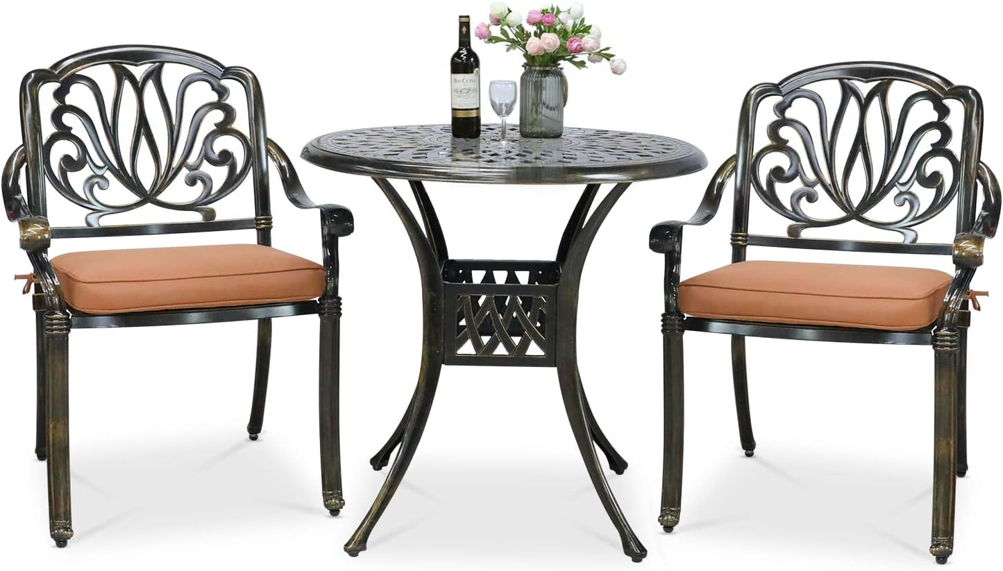 VIVIJASON 3-Piece Patio Furniture Dining Set, All-Weather Cast Aluminum Outdoor Bistro Set, Include 2 Chairs, 2 Cushions and 31" Round Table w/Umbrella Hole for Balcony, Lawn, Garden, Backyard