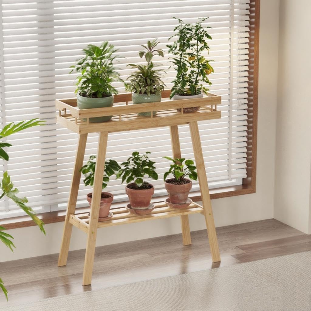 BAMBANG Bamboo Plant Stand Indoor, 2 Tier Small Plant Table, Tall Plant Stand for Indoor Plants, Window Sill Plant Shelf, Flower Pot Holder Plant Bench Plant Rack for Living Room, Natural