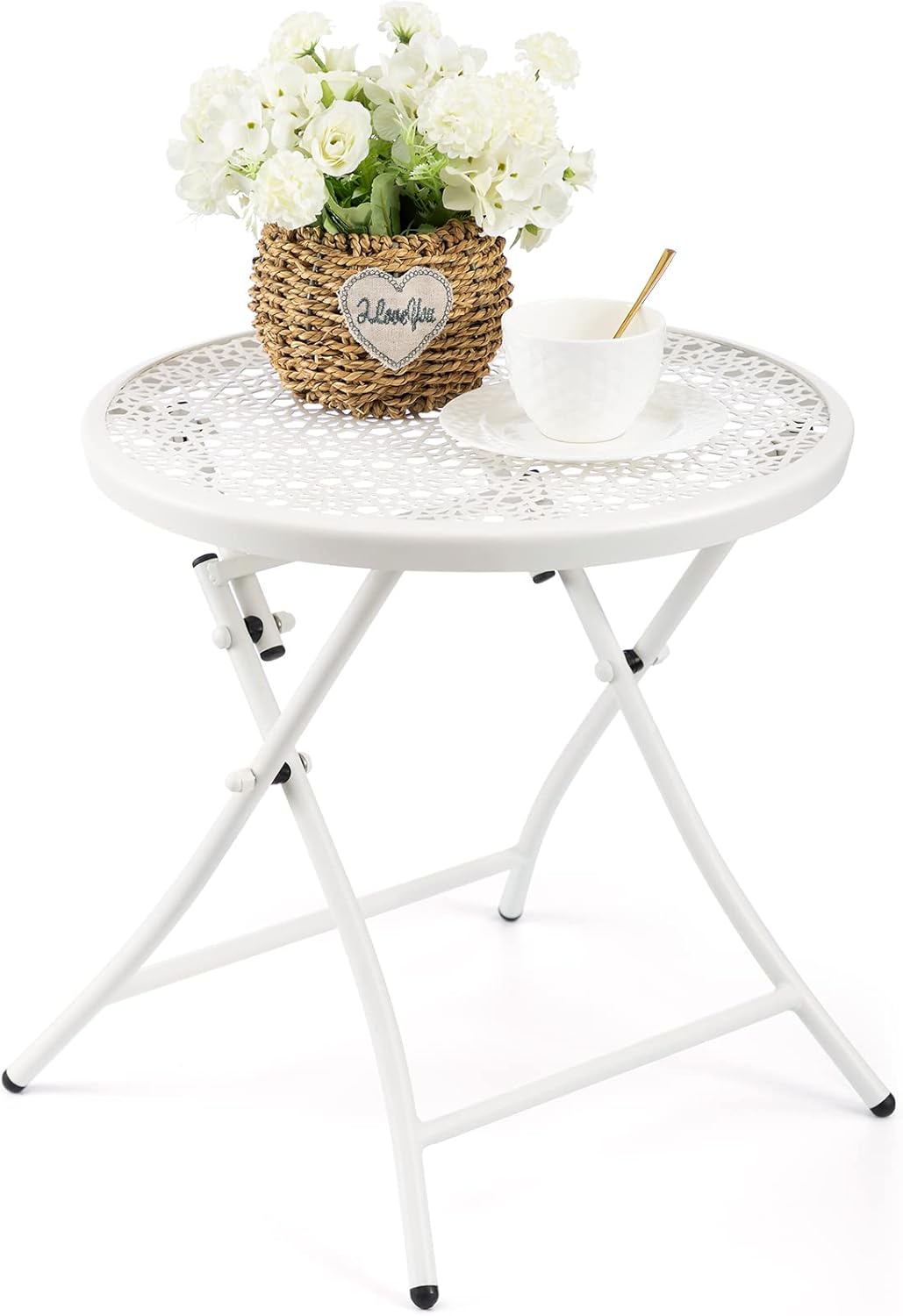 TeoKJ Folding Outdoor Side Tables, Anti Rust Small Patio Table Round Metal Nightstand with Flower Cutouts for Porch Yard Balcony Deck Lawn, White