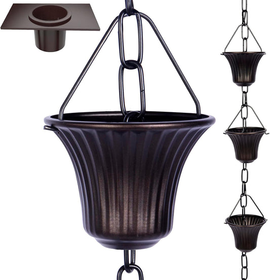 Rain Chain Set 8.5 Ft,Not Rust Wrought Iron Rain Chains for Gutters with Adapter Gotta Drain and Anchoring Stake, 14 Cups, 1 Hook, Adjustable Length for Garden Decorative (Coffee)