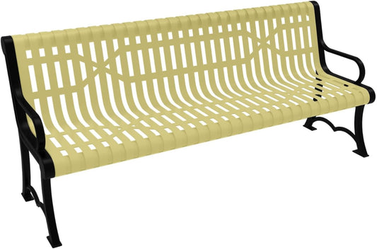 Coated Outdoor Furniture Heavy-Duty Outdoor Bench Thermoplastic Coated, Slated Steel, Commercial-Grade Garden Bench, Made in America (Portable with Back, 6 Ft, Textured Sand)