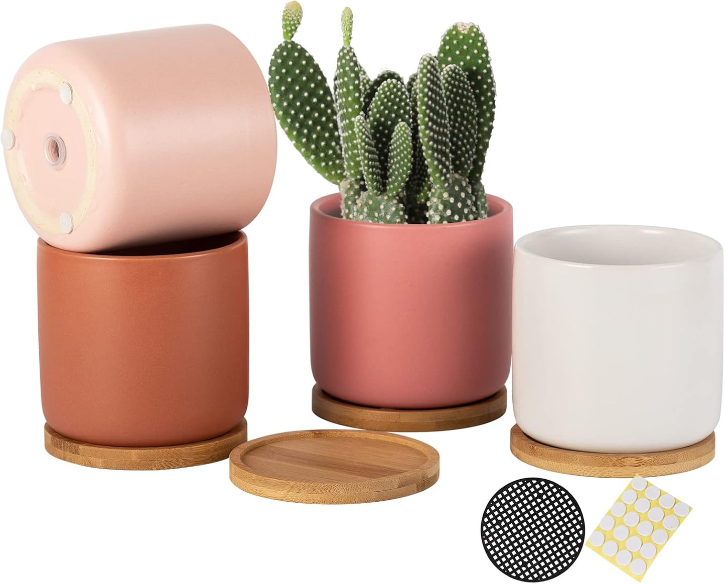 OMAYKEY 4 Inch Ceramic Plant Pot with Saucer, Multicolor Planters Pots with Drainage Hole and Mesh Pads for Succulent, Indoor Flowers, Snake Plants, Cactus, Herbs, Set of 4 (Plant Not Included)